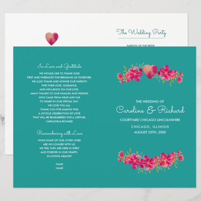 Turquoise Fuchsia Floral Wedding Programmes (Devant / Derrière)