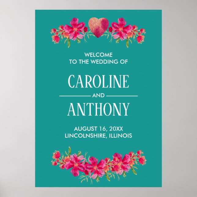 Turquoise Fuchsia Mariage Affiche de bienvenue (Devant)