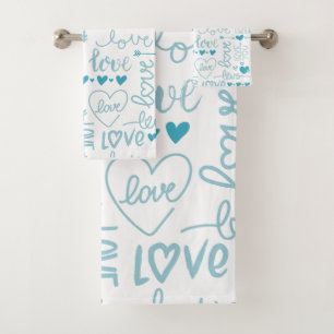 Turquoise Fun and Modern Love and Hearts Bath Towel Set