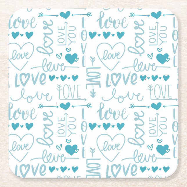 Turquoise Fun and Modern Love and Hearts Square Paper Coaster (Front)