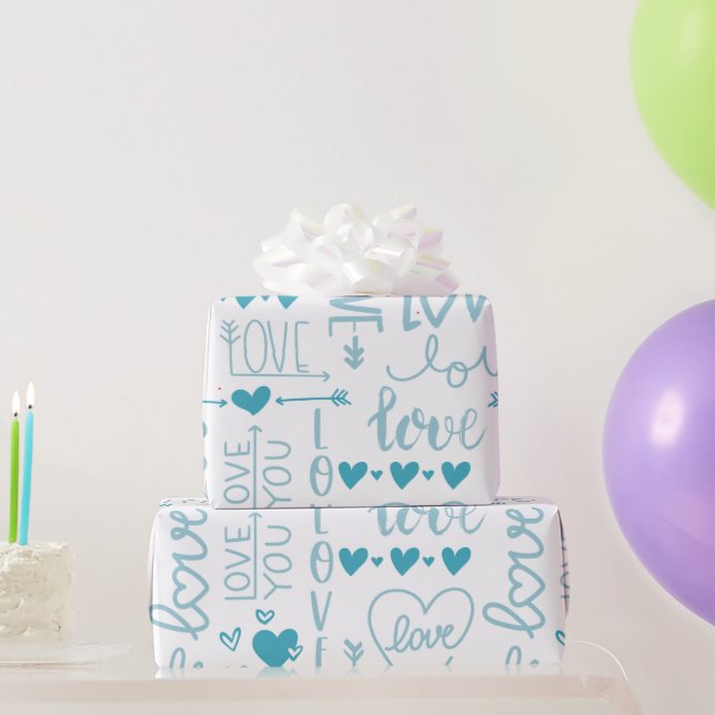 Turquoise Fun and Modern Love and Hearts Wrapping Paper (Party Gifts)