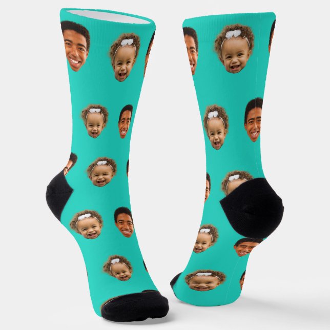 Turquoise Funny Custom 2 Face Photo Mom Socks (Angled)
