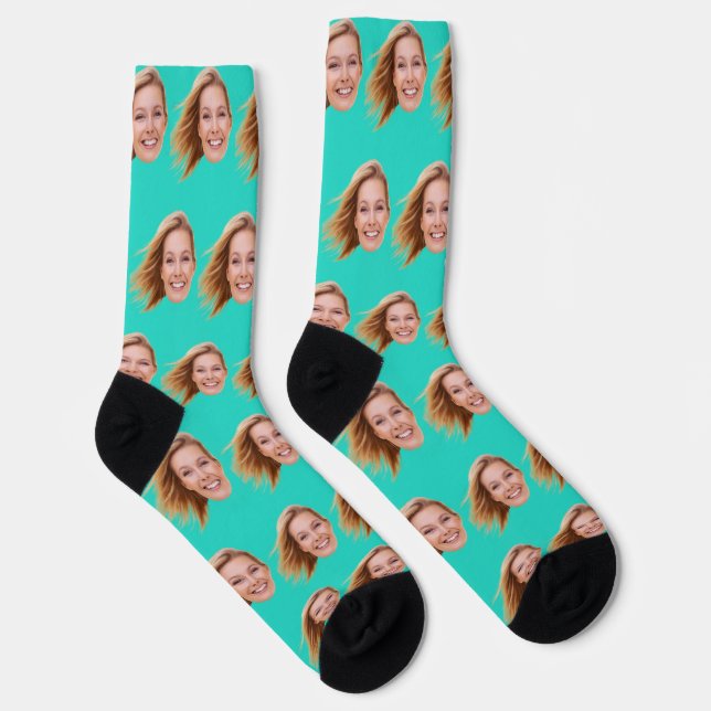 Turquoise Funny Personalized Face Photo Women Socks (Right)