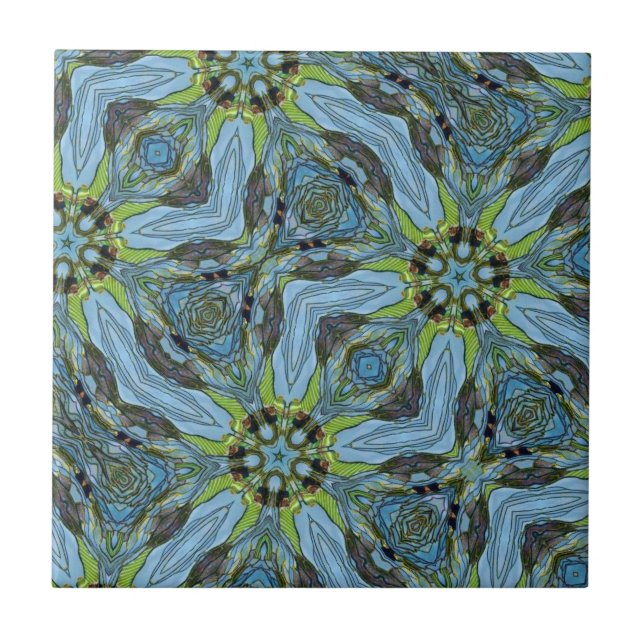 Turquoise geometric abstract art plants tile (Front)
