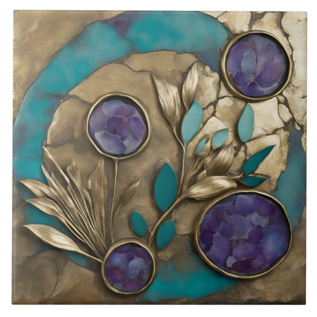 Turquoise Geometric Floral with Gold & Purple  Tile (Front)