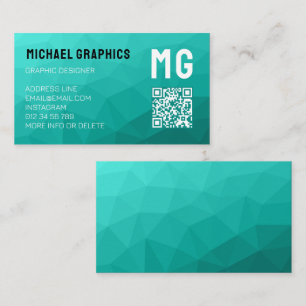 Turquoise geometric mesh pattern QR code Monogram Business Card