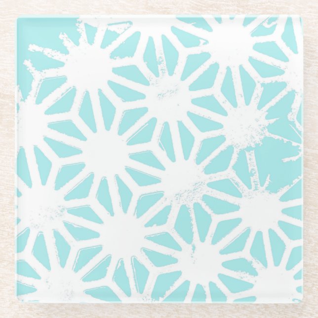 Turquoise geometric pattern glass coaster (Front)
