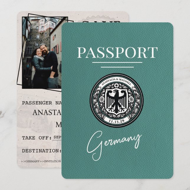 Turquoise Germany Passport Save The Date (Front/Back)