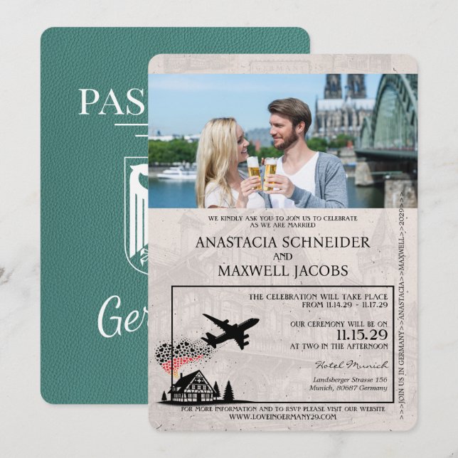 Turquoise Germany Passport Wedding Invitation (Front/Back)