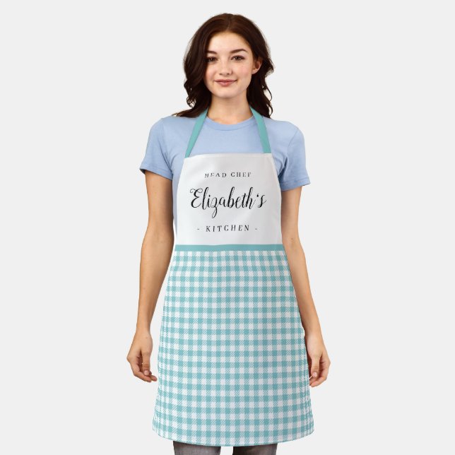 Turquoise gingham check adult personalized cooking apron (Worn)