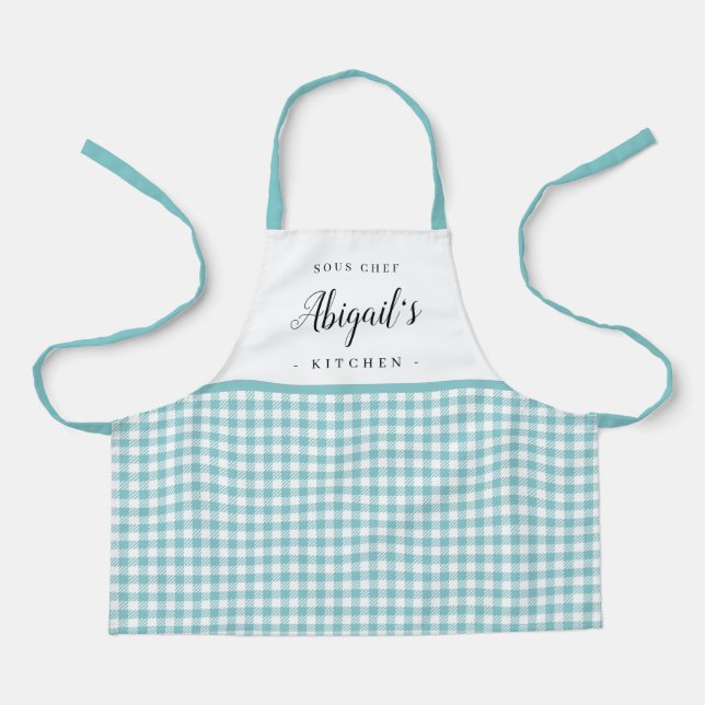 Turquoise gingham check child personalized cooking apron (Front)