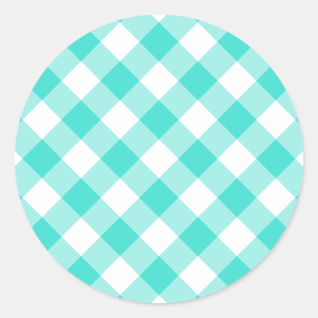 Turquoise Gingham Pattern Classic Round Sticker (Front)