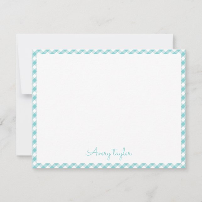 Turquoise gingham pattern personalized Stationery Card (Front)