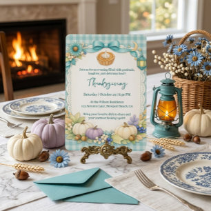 Turquoise Gingham Thanksgiving Invitation Card
