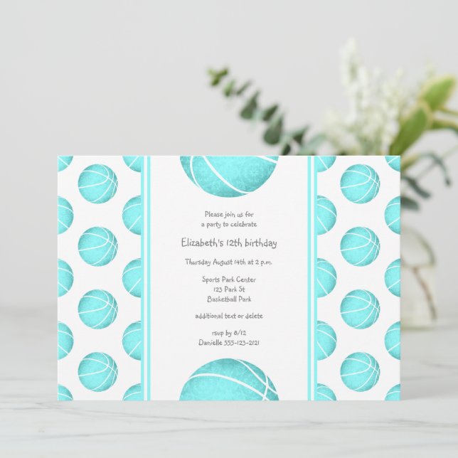 turquoise girl's basketball birthday or team party invitation (Standing Front)