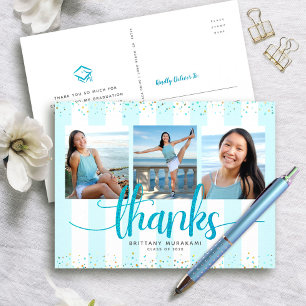 Turquoise glitter 3 photo graduation thank you postcard