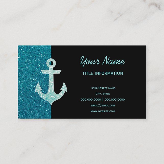 Turquoise glitter and Aqua Bokeh Anchor Business Card (Front)