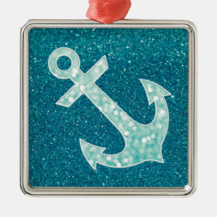 Turquoise glitter and Aqua Bokeh Anchor Metal Ornament