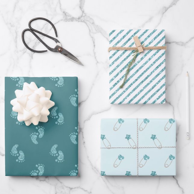 Turquoise Glitter Baby Feet Wrapping Paper Sheets  (Front)