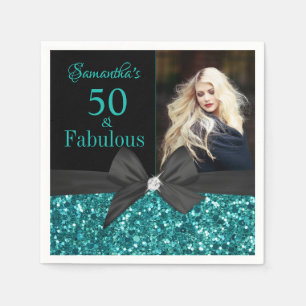 Turquoise Glitter Black Bow 50th Birthday Photo Napkin