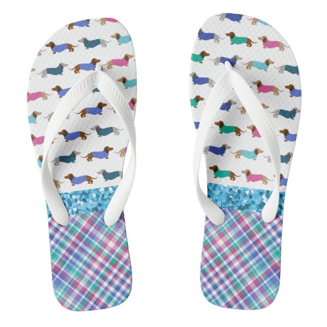 Turquoise Glitter Dachshund Flip Flops (Footbed)