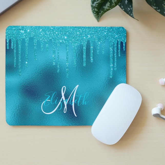 Turquoise Glitter Drip Personalized Monogram Mouse Pad (Creator Uploaded)
