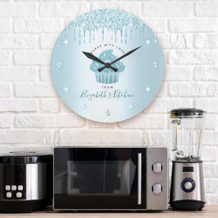 Turquoise Glitter Drips Cupcake Bakery Pastry Chef Large Clock