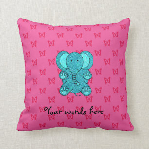 Turquoise glitter elephant pink butterflies throw pillow