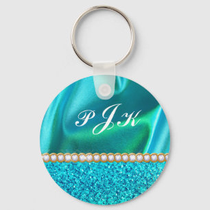 Turquoise Glitter, Faux Satin, Pearls, Personalize Keychain