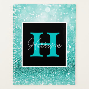Turquoise Glitter Glam Monogram Name Personalized Planner