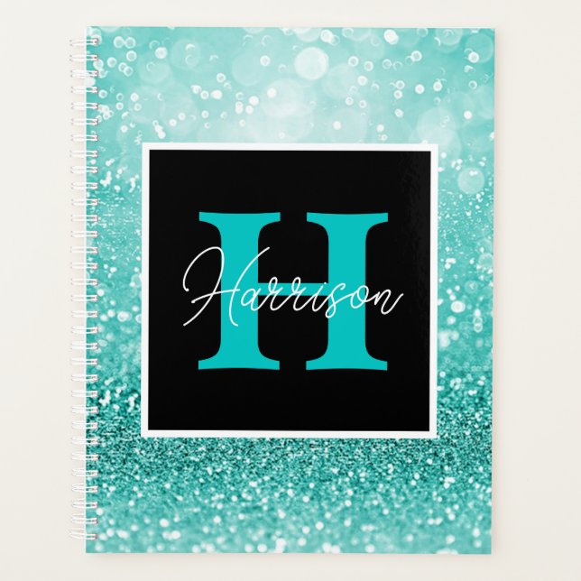 Turquoise Glitter Glam Monogram Name Personalized  Planner (Front)