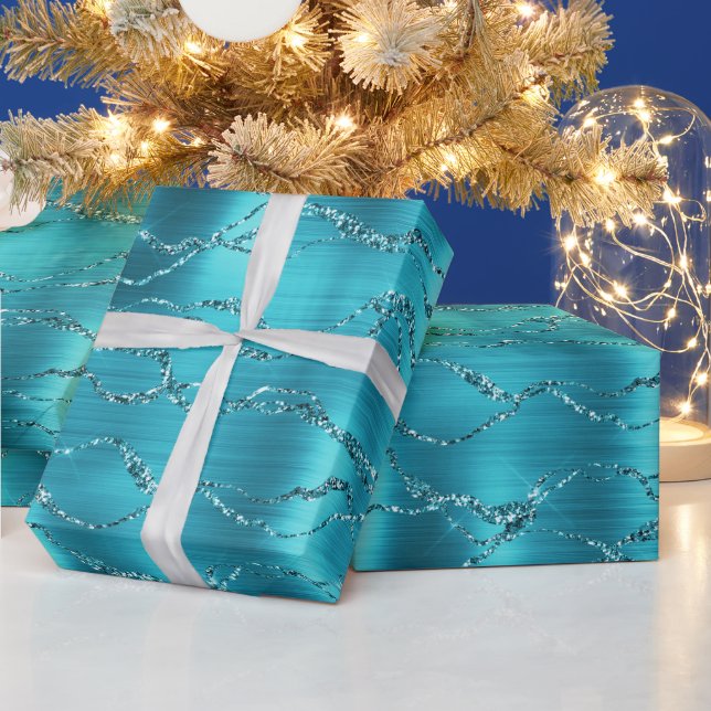 Turquoise Glitter Glitzy Stripes Wrapping Paper (Holidays)