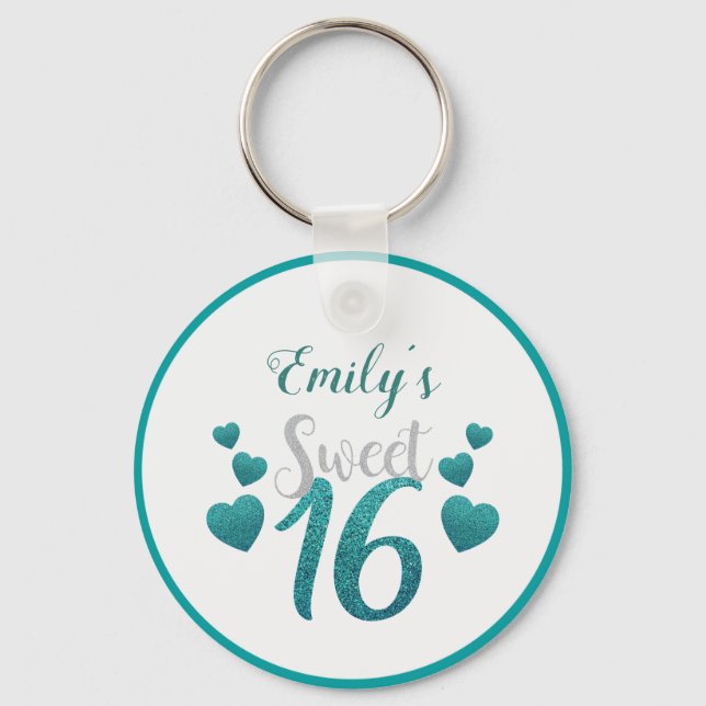 Turquoise Glitter Hearts And Numbers Keychain (Front)