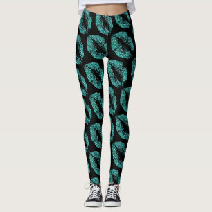 Turquoise Glitter Lips Modern Black Leggings