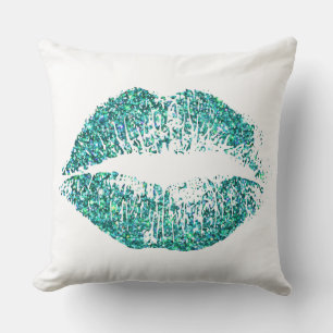 Turquoise Glitter Lips Throw Pillow