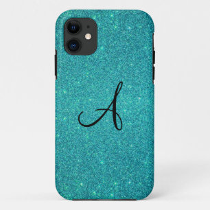 Turquoise glitter monogram iPhone 11 case