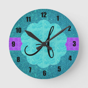 Turquoise glitter monogram round clock