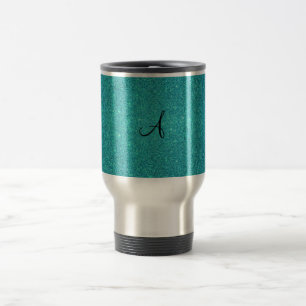 Turquoise glitter monogram travel mug