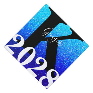 Turquoise Glitter Ombre Monogram Name Graduation Cap Topper