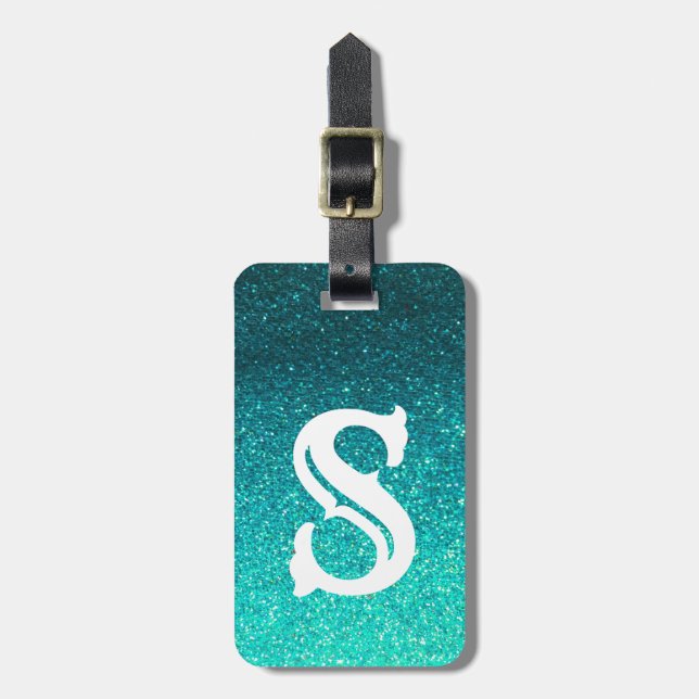 Turquoise Glitter Ombre Sparkles Glam Monogram Luggage Tag (Front Vertical)
