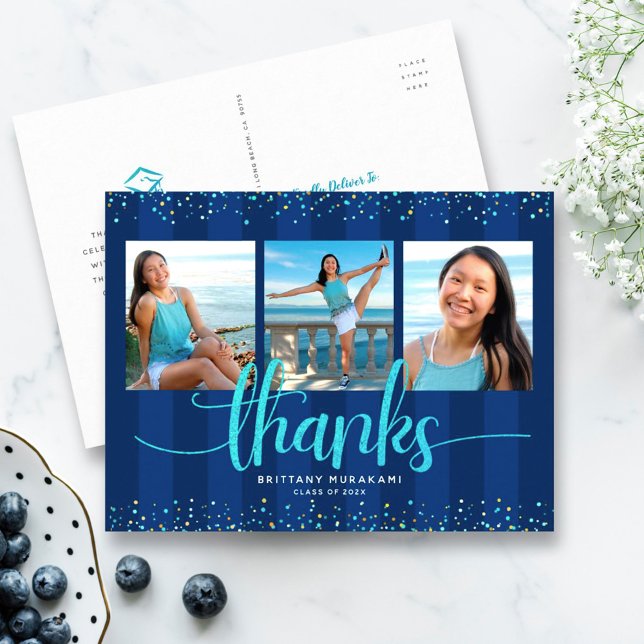 Turquoise glitter photo graduation navy thank you postcard (Creator Uploaded)