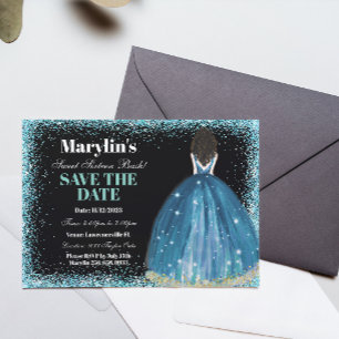 Turquoise Glitter Princess Bash: Sweet Sixteen Save The Date
