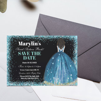 Turquoise Glitter Princess Bash: Sweet Sixteen Save The Date