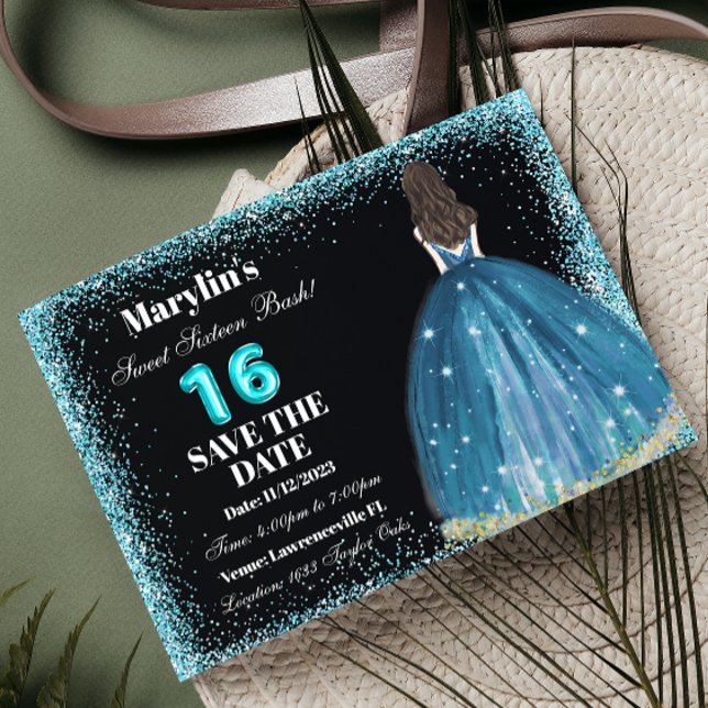Turquoise Glitter Princess Extravaganza Ballgown Save The Date (Creator Uploaded)