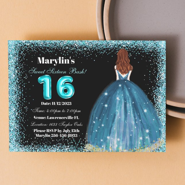 Turquoise Glitter Princess Extravaganza: Sweet 16 Invitation (Creator Uploaded)