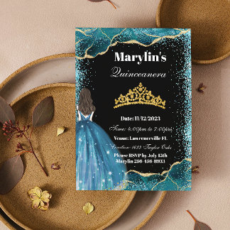 Turquoise Glitter Princess Quinceañera Ballgown Invitation