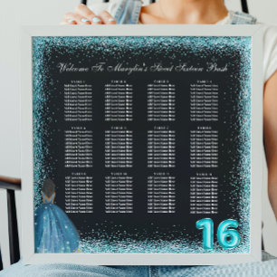Turquoise Glitter Princess Sweet 16 Seating Chart Photo Print
