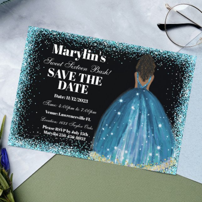 Turquoise Glitter Princess Sweet Sixteen Bash Save The Date (Creator Uploaded)