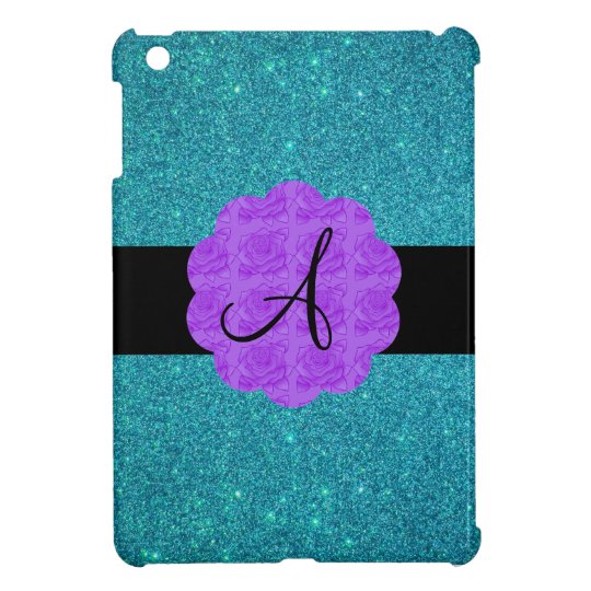 Turquoise glitter purple roses monogram case for the iPad mini