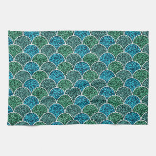 Turquoise Glitter Scales Pattern Kitchen Towel